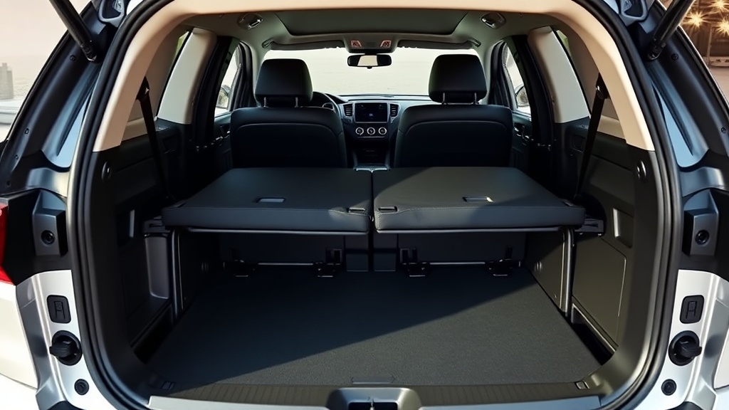 SUV 뒷좌석 시트가 완전히 접혀 평평한 바닥을 형성한 내부 모습