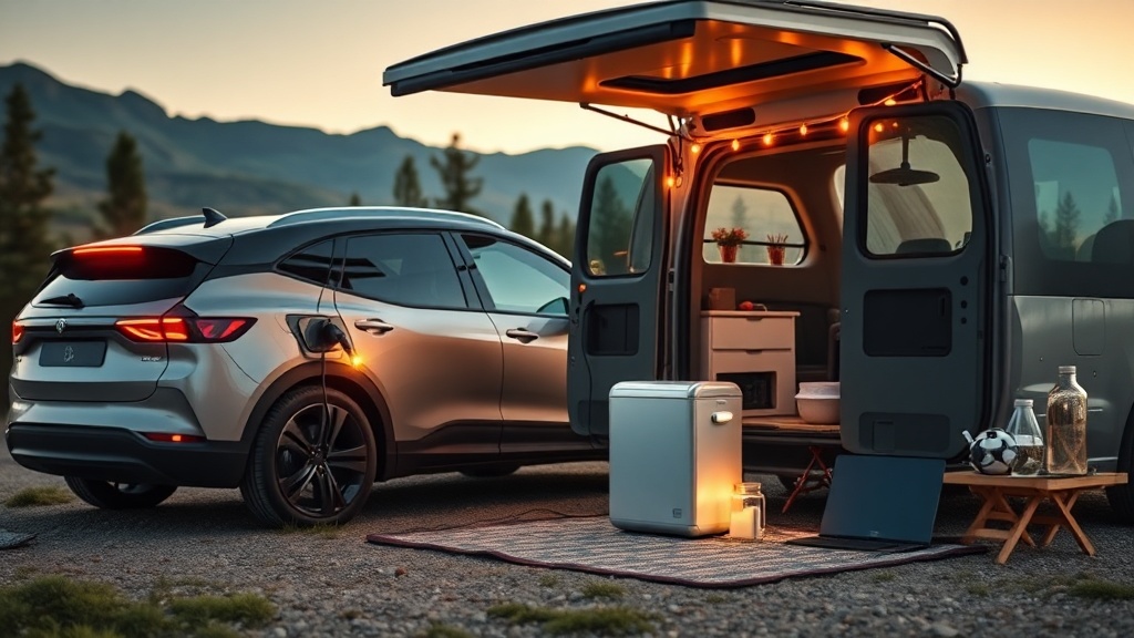 전기차 외부 포트에 V2L 커넥터를 연결하여 캠핑용 가전제품을 사용하는 모습